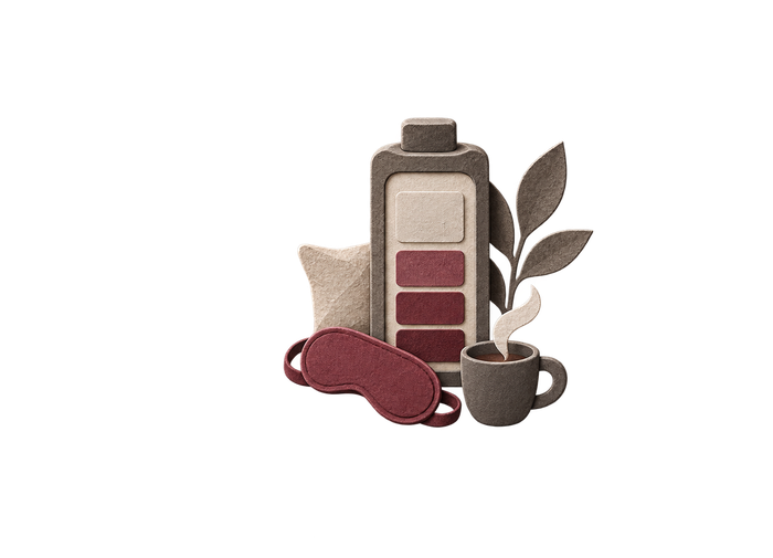 Bateria, máscara de dormir e xícara de café