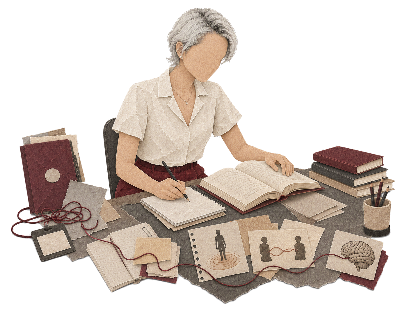 Colagem editorial: mulher estudando à mesa, cercada por fichas com diagramas de psicologia, conectadas por um fio ao crachá de trabalho largado ao lado